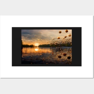 Sunset Lake Raindrops In Golden Houer Cloudscape Posters and Art